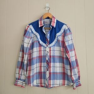 Vintage Kenny Rogers Western Shirt Pearl Snap Lace Ruffle Blue Red Plaid 13 14